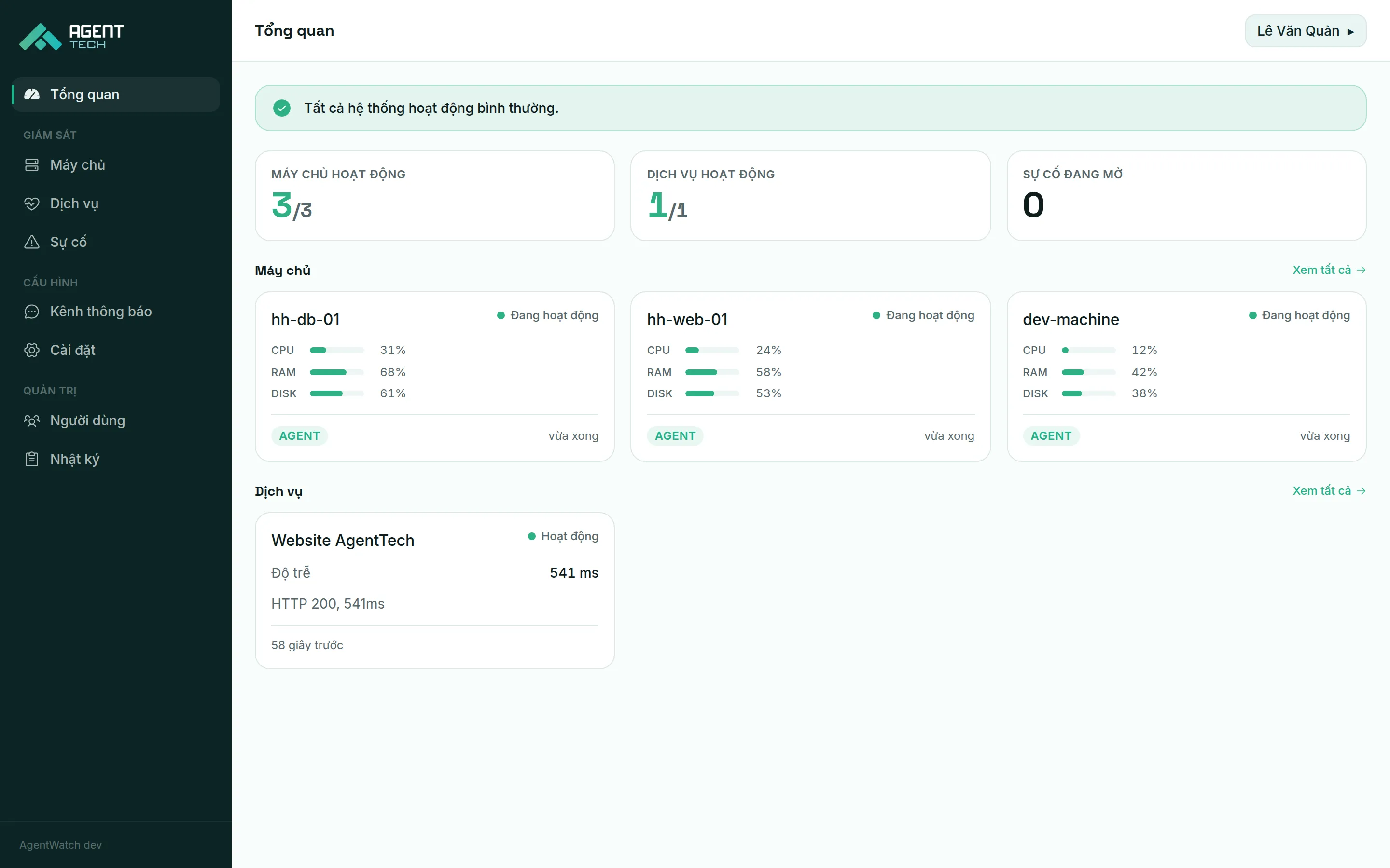 Dashboard AgentWatch hiển thị server, dịch vụ và sự cố